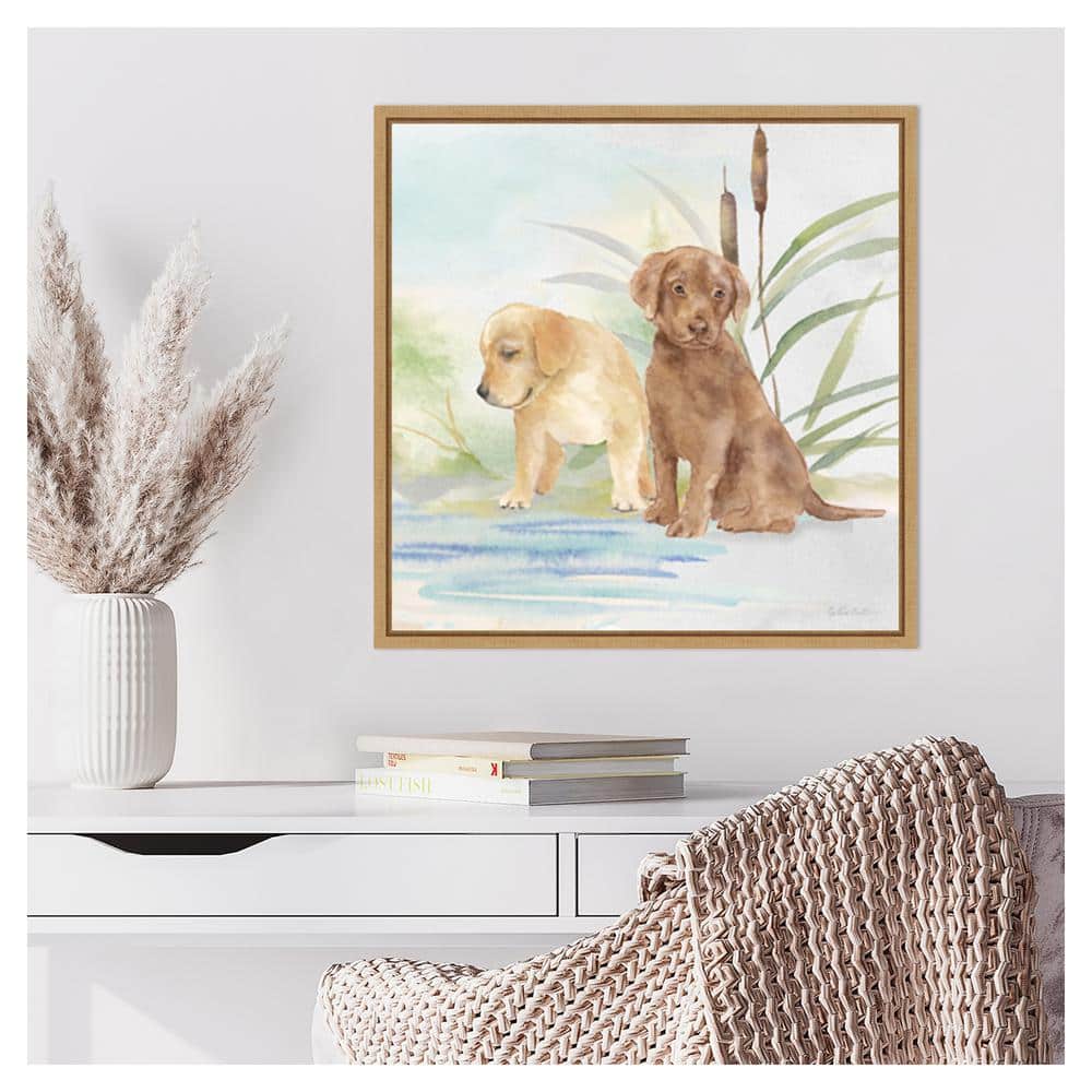 Woodland Dogs II Watercolor Canvas Art with Maple Frame