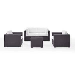 Biscayne 4-Person Wicker Outdoor Seating Set with White Cushions 2-Armchairs, 2-Corner Chair and Coffee Table