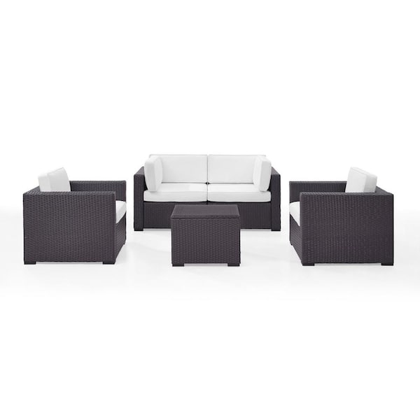 CROSLEY FURNITURE Biscayne 4-Person Wicker Outdoor Seating Set with White Cushions 2-Armchairs, 2-Corner Chair and Coffee Table