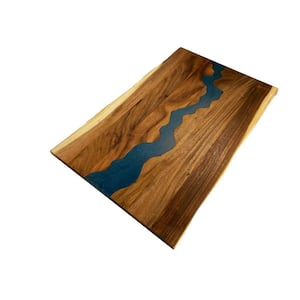 7 ft. L x 40 in. D UV Finished Saman Solid Wood Butcher Block Island Countertop With Live Edge and Blue Epoxy River