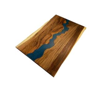 6 ft. L x 38 in. D UV Finished Saman Solid Wood Butcher Block Island Countertop With Live Edge and Blue Epoxy River