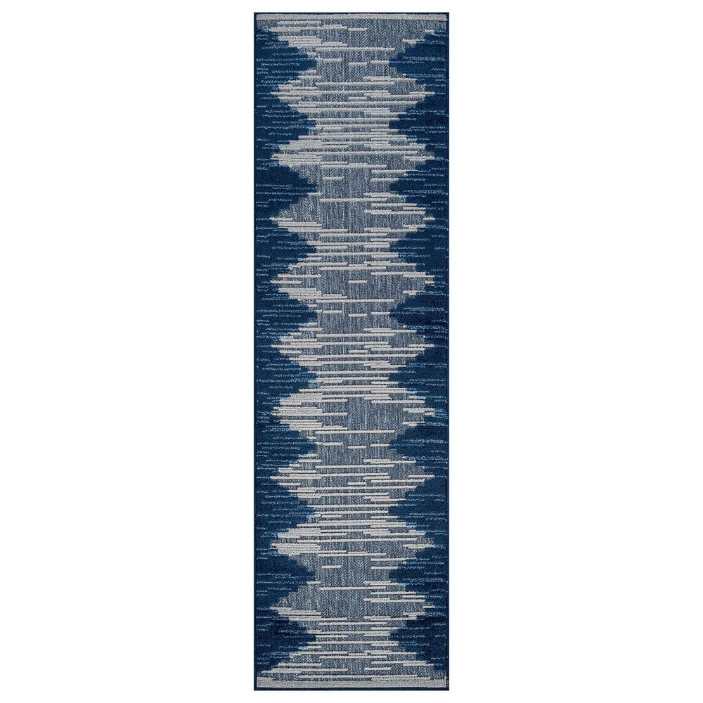 Geometric Design Indoor/Outdoor High-Low Textured Runner Rug, Geometric, Easy-Clean Patio Rug 2' x 7' Navy price history on PriceWatchPro