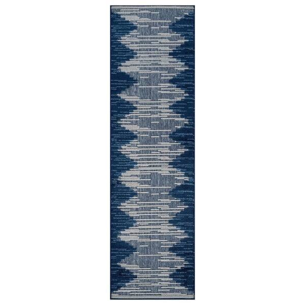 Geometric Design Indoor/Outdoor High-Low Textured Runner Rug, Geometric, Easy-Clean Patio Rug 2' x 7' Navy