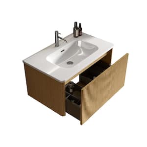 30 in. Single Sink Wall Mounted Natural Oak Bath Vanity with White Ceramic Top Unassembled