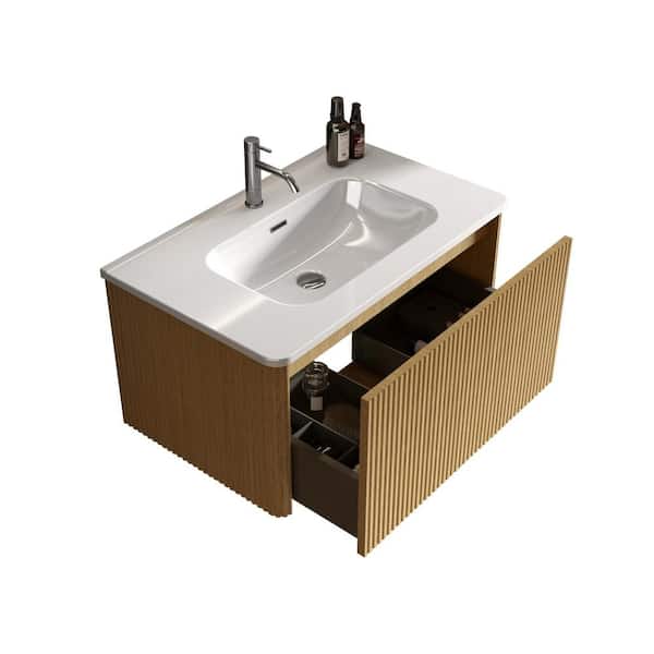 30 in. Single Sink Wall Mounted Natural Oak Bath Vanity with White Ceramic Top Unassembled