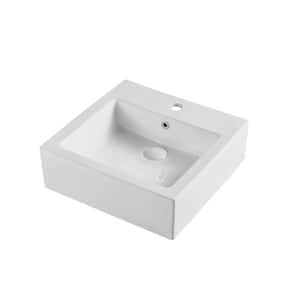 Glossy White Ceramic Square Bathroom Vessel Sink with Overflow and Pop-Up Drain