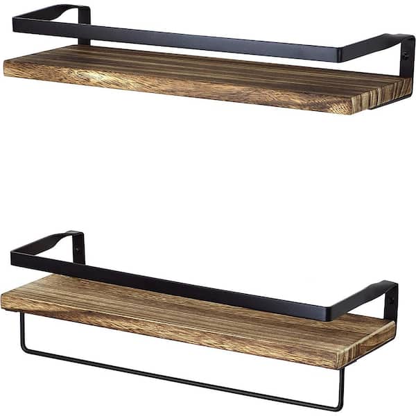 Cubilan 16.75 in. W x 5.5 in. D Rustic Brown Wood Decorative Wall Shelf, Wall Shelves with Towel Bar, (Set of 2)