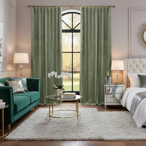 Sage Green Velvet Solid Color 52 in. W x 84 in. L Room Darkening