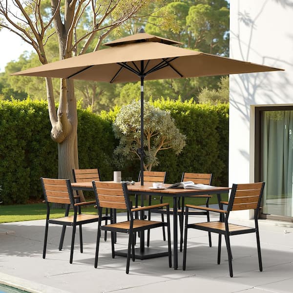 9-Piece 71 in. Brown Aluminum Outdoor Dining Set with Stackable Arm Chairs and Market Patio Double Top Umbrella and Base