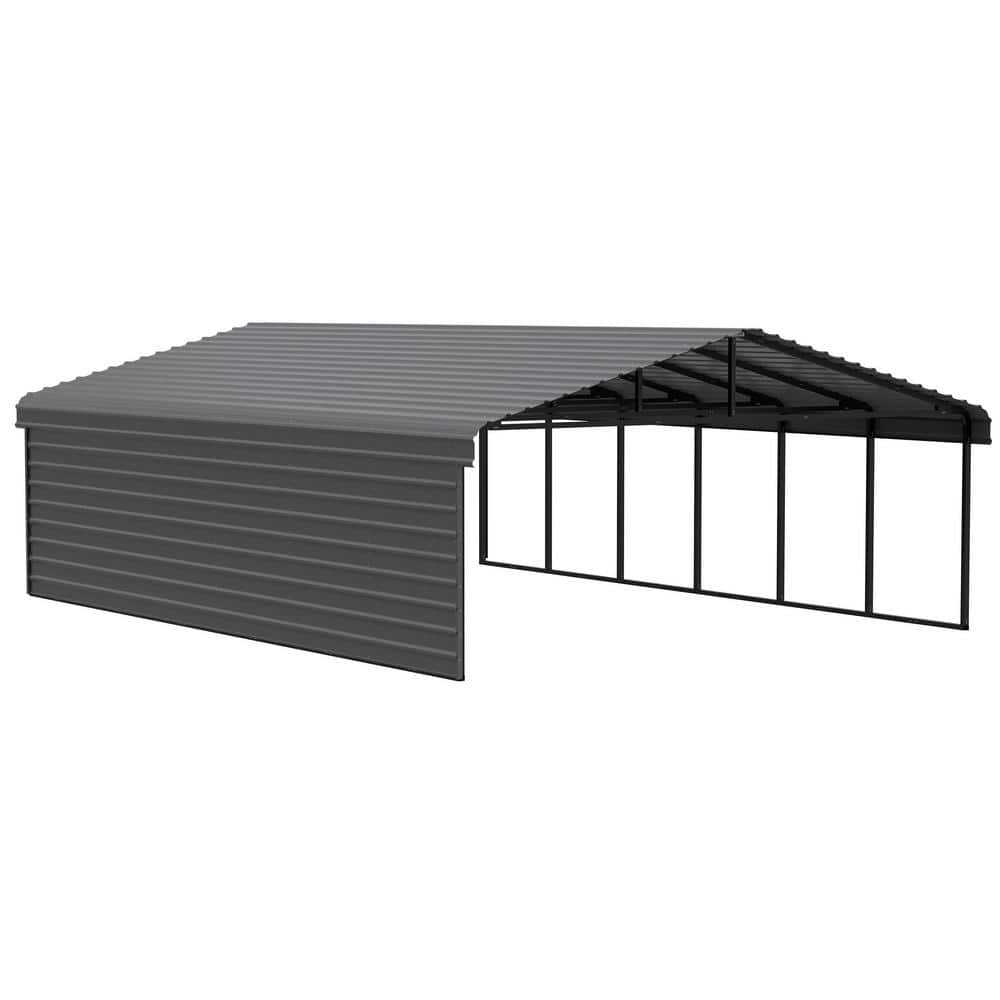 Arrow 20 ft. W x 29 ft. D x 7 ft. H Charcoal Galvanized Steel Carport with 1-sided Enclosure