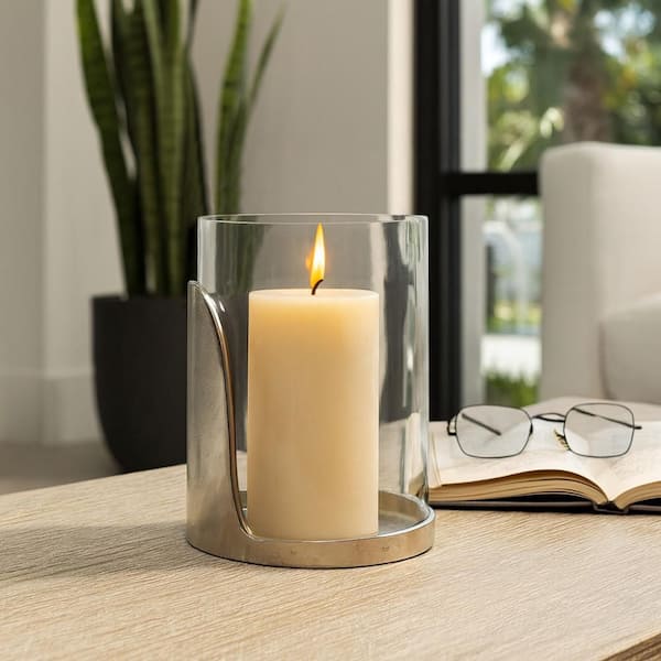 8.5 in. Silver Metal Pillar Hurricane Candle Holder