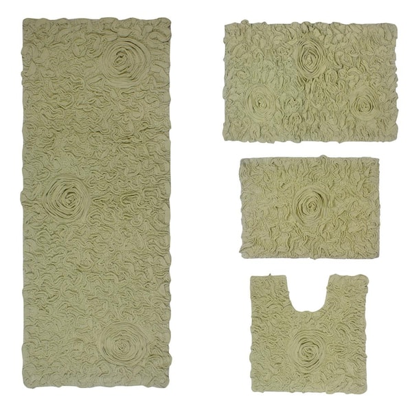 Bell Flower Collection 100% Cotton Tufted Bath Rug, 4-Pcs Set with Contour-Green