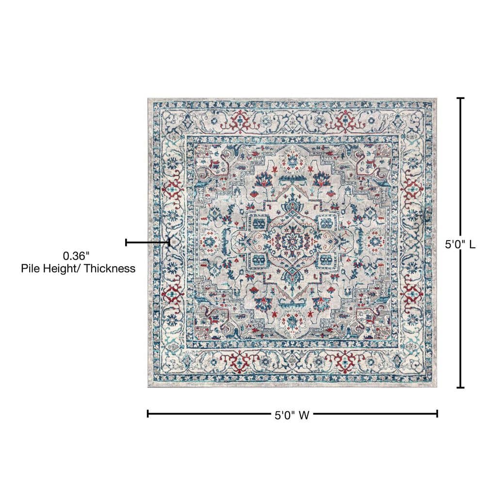 Light Gray and Blue Synthetic Vintage Medallion Rug