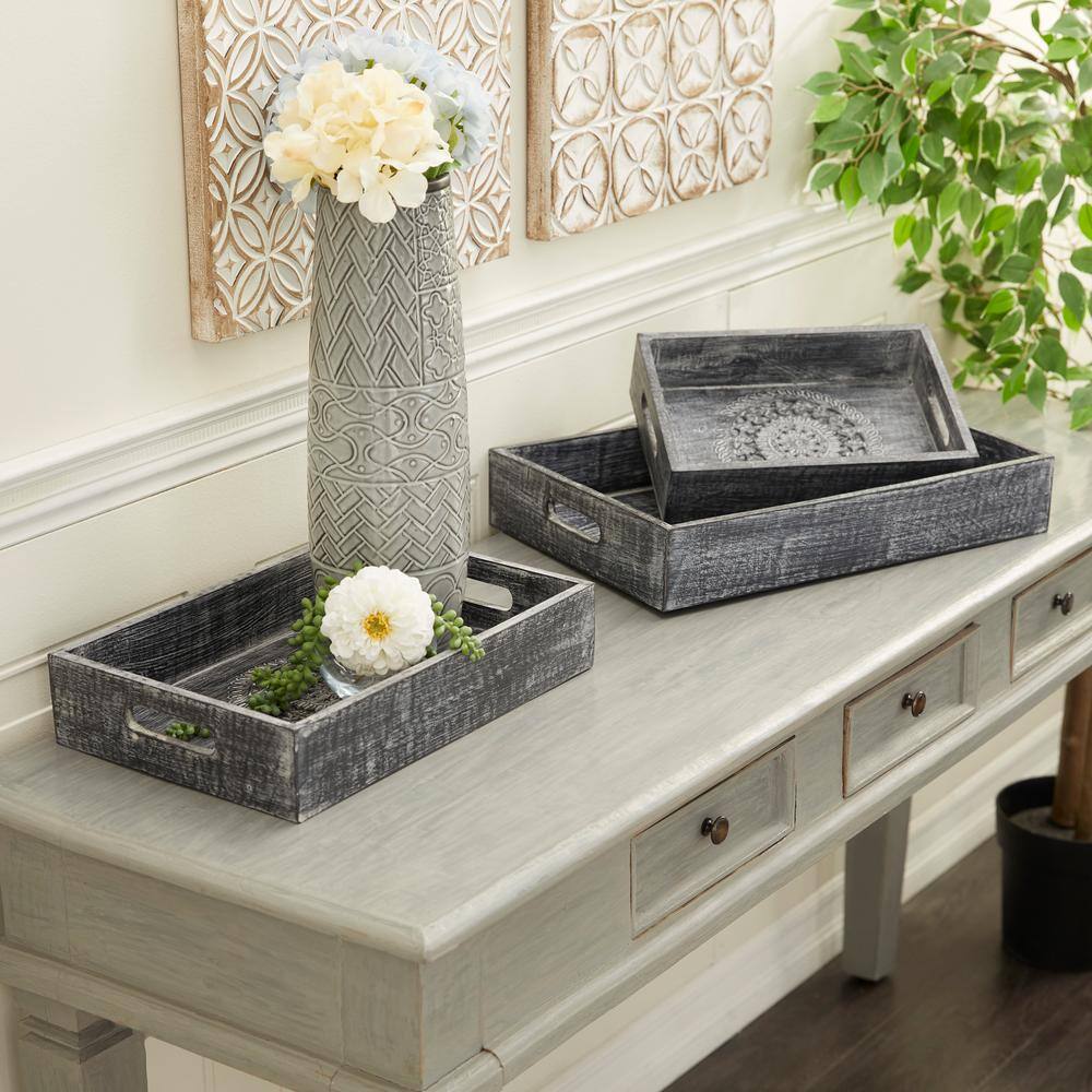 Black Wood Intricate Carved Floral Decorative Tray Set