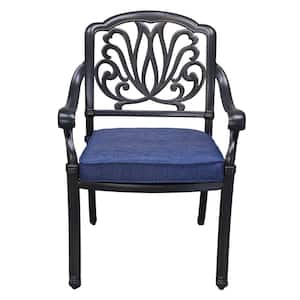 Geneva Cast Aluminum Outdoor Dining Arm Chairs with Navy Blue Cushions (Set of 2)