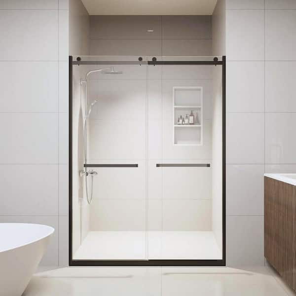 YANTENG LLC 56 to 60 in. W x 76 in. H Sliding Semi-Frameless Shower Door in Matte Black with 3/8 Clear Glass
