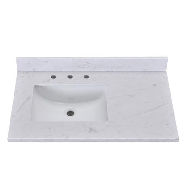 YASINU 36 in. W x 22 in. D Engineered Stone Composite White Rectangular Single Sink Vanity Top in Jazz White Left Sink