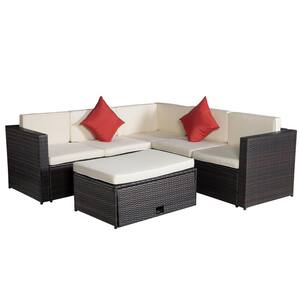 SERGA.4-Piece Poly Rattan Outdoor Patio Terrace Conversation Sofa Set with 2 Red Pillows, White Cushion