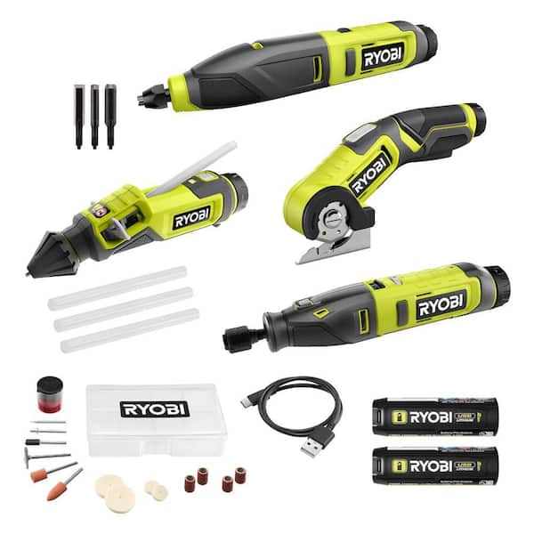 RYOBI USB Lithium 4-Tool Hobby Combo Kit with Cutter, Rotary Tool, Carver, Glue Pen, Batteries, and USB Charging Cable