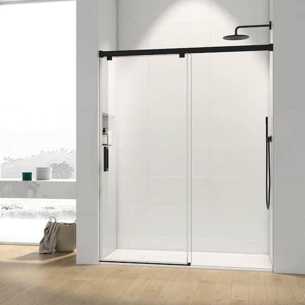 Satico 60 in. W x 76 in. H Single Sliding Frameless Shower Door/Enclosure in Matte Black Finish with Clear Glass