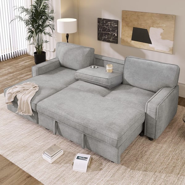 Brooke 89 in. Square Arm Polyester Upholstery Sectional Sofa in Gray with USB Charging, Cup Holders, Storage Space