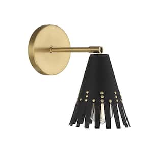 Meridian 5.75 in. W x 9 in. H 1-Light Matte Black and Natural Brass Adjustable Wall Sconce with Cutaway Metal Shade
