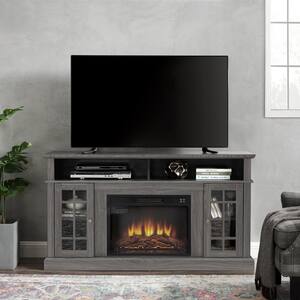 60 in. W TV Media Stand Modern Entertainment Console with 23 in. Embedded Electric Fireplace Insert in Dark Walnut Color