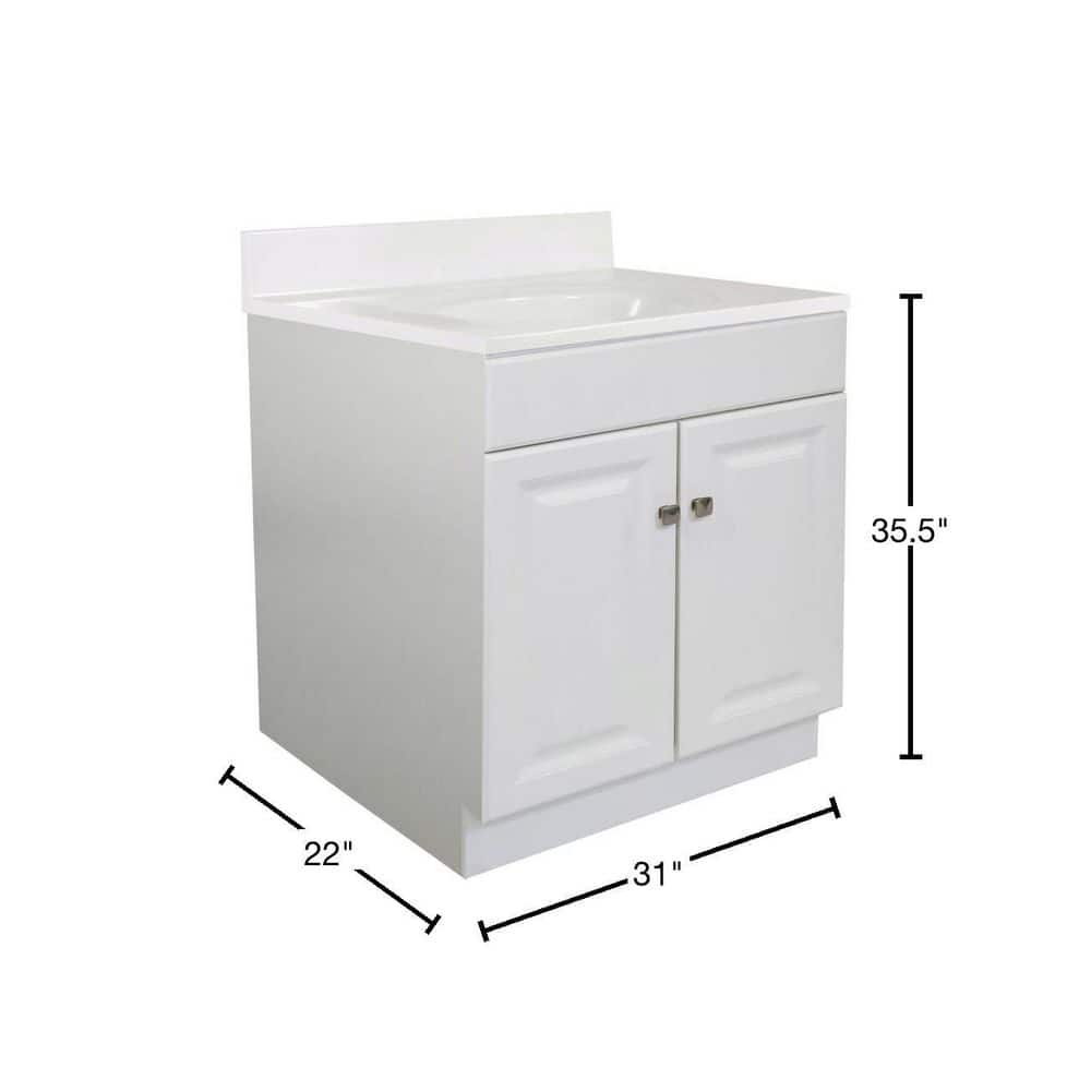 White Cultured Marble Freestanding Bathroom Vanity with Satin Nickel Knobs