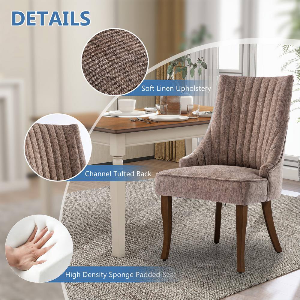 Brown Linen High Back Upholstered Dining Chairs with Wood Legs