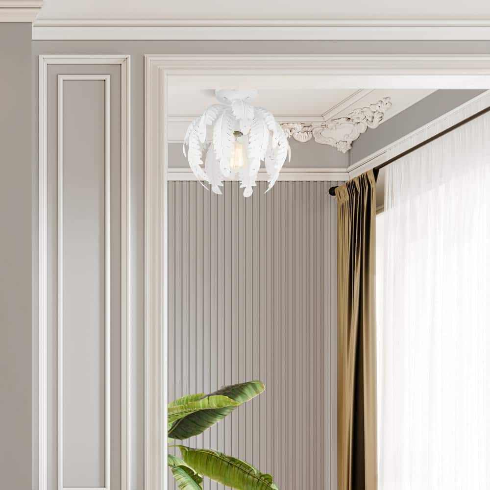Antique White Metal Acanthus Leaf LED Semi-Flush Bowl Light