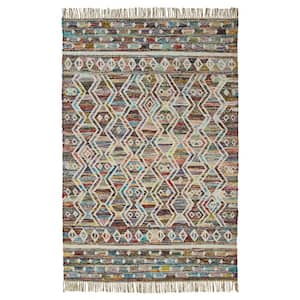 8 ft. x 10 ft. Ivory Blue Pink Gold and Green Geometric Hand Woven Area Rug with Fringe