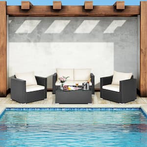 Black 4-Pieces Wicker Patio Rattan Conversation Set Sectional Sofa and Coffee Table with Beige Cushions