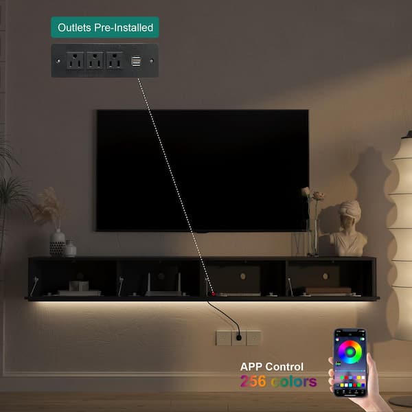 78 in. W Black MDF Floating Wall Mount TV Stand for 75 in. TVs with LED Lights, Power Outlet and USB