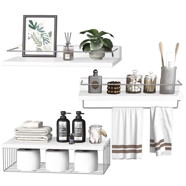 22.5 in x 6 in Bathroom Floating Shelves,with Storage Basket Paper Holer,Set of 3,Decorative Wall Shelf,White and Grey