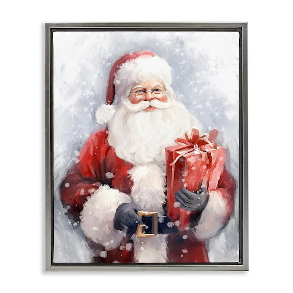 Stupell Industries Santa with Red Gift by Ramona Murdock 1-Piece Floater Frame Graphic Print People Poster Art Print 31 in. x 25 in.