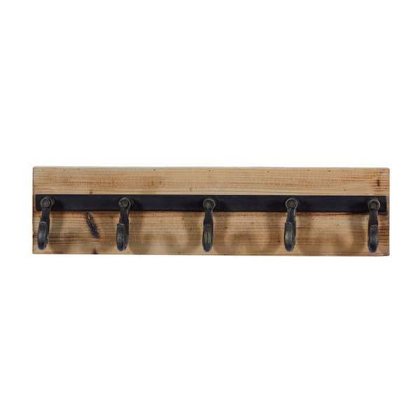 Wall Mounted Coat Rack with 5 Hooks, Shelf, and Clothes Hanger - Brown