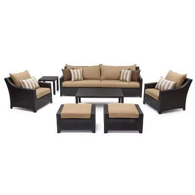 Deco 8-Piece All Weather Wicker Patio Sofa and Club Chair Conversation Set with Sunbrella Maxim Beige Cushions