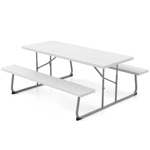 72 in. White Rectangle Metal Picnic Table Folding Frame and HDPE Tabletop Set Seats 8-People with Umbrella Hole