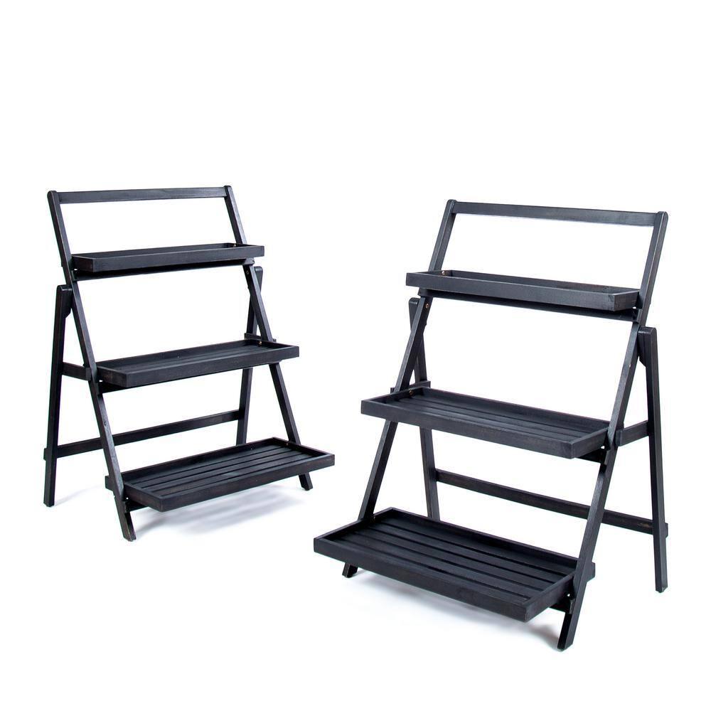 Set of 2 Dark Gray Acacia Wood Foldable Plant Stands