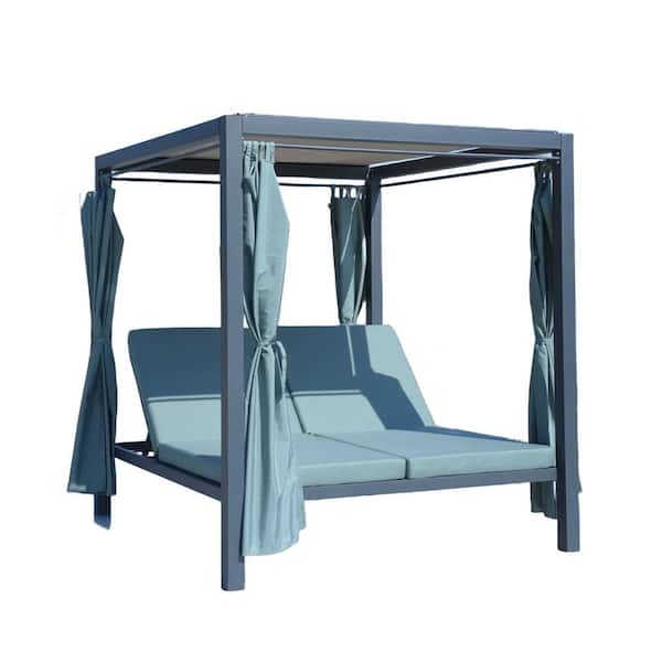 DIRECT WICKER Portal 1 of Piece Iron Metal Outdoor Loveseat Day Bed with Canopy and Celadon Cushions