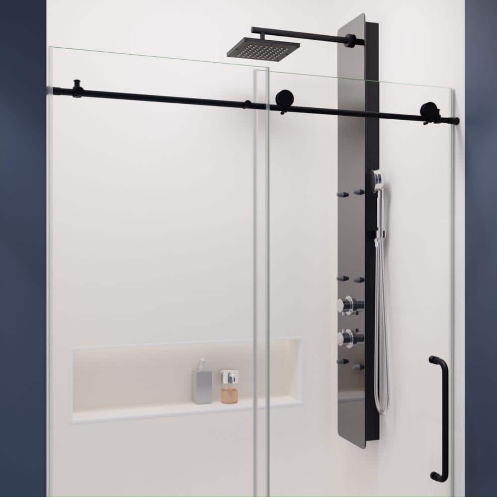 Matte Black Frameless Sliding Shower Door with Clear Glass Panels