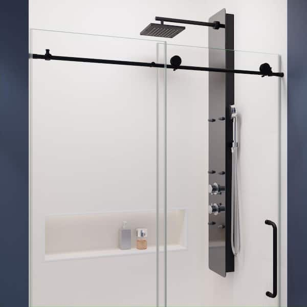 Madam Series 48 in. x 76 in. H Sliding Frameless Shower Door in Matte Black with Tsunami Guard Tempered Glass