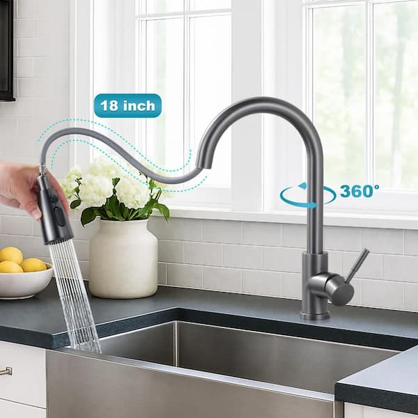 15.6 in. Single Handle Pull Down Kitchen Faucet with 18 in. Sprayer and 360 Degree Swivel in Black Stainless