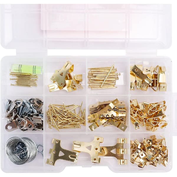Picture Hanging Kit Heavy Duty Frame Hooks Assortment w/ Nails Hanging Wire Screw Eyes D Sawtooth 276-Pieces Gold 1-Pack