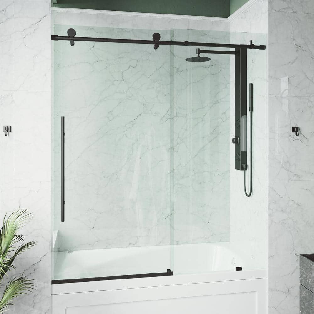 Matte Black Frameless Sliding Tub Door with Clear Glass