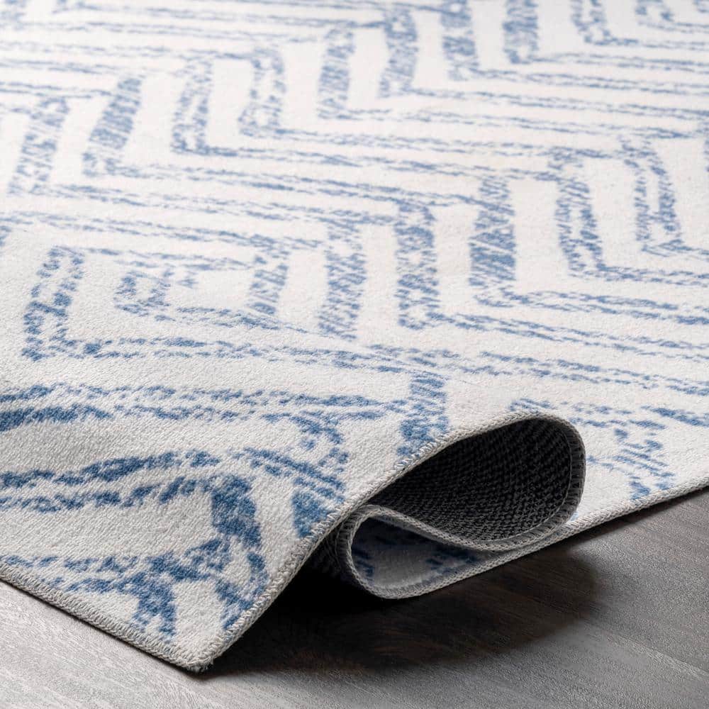 Rosanne Blue and Ivory Geometric 5' x 8' Washable Synthetic Area Rug