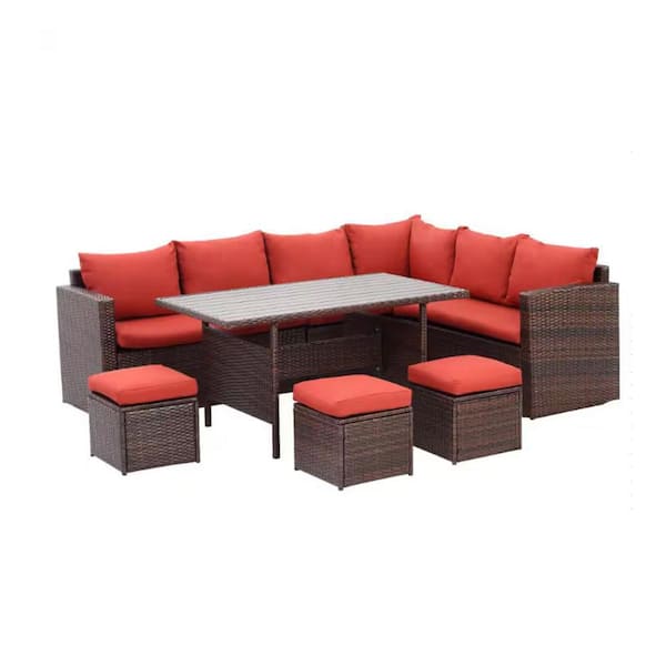 Sudzendf 7-Pieces PE Rattan Wicker Patio Dining Sectional Cusions Sofa Set with Red cushions