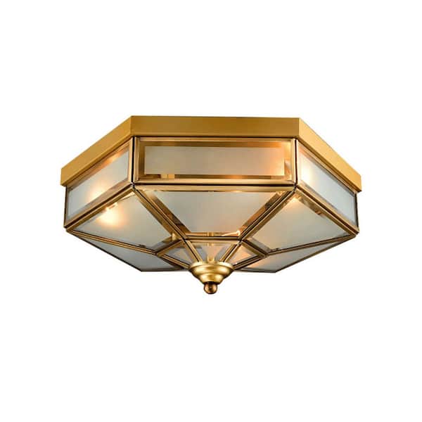 17.7 in. 4-Light Gold Vintage Hexagon Flush Mount Ceiling Light with Glass Shade for Bedroom, No Bulbs Included