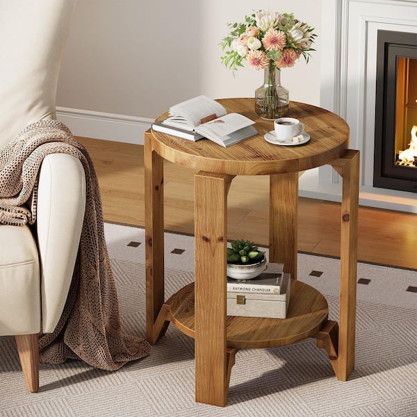 19.69 in. Brown Solid Wood Round End Table with Storage, 2-Tier Farmhouse Side Table for Living Room, Bedroom