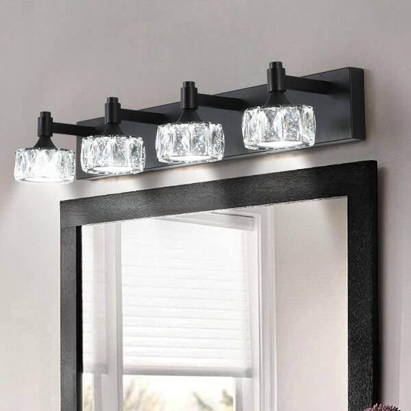 GMGSROM 28 in. 4-Light Black Modern LED Vanity Light with Crystal Glass Shade